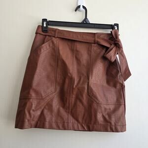 Shinestar Brown Faux Leather Skirt Medium High Waist Belted Mini Party Club